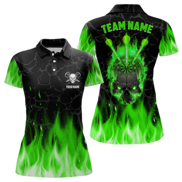 Custom Green Flame Skull Womens Darts Polo Shirt Custom Scary Darts Shirt For Women Dart Jerseys