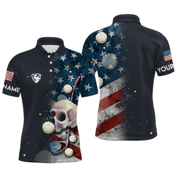 FUNSTUFFPRINT Men American Flag Golf Skull With Golf Ball Polo Shirt Size S-5XL
