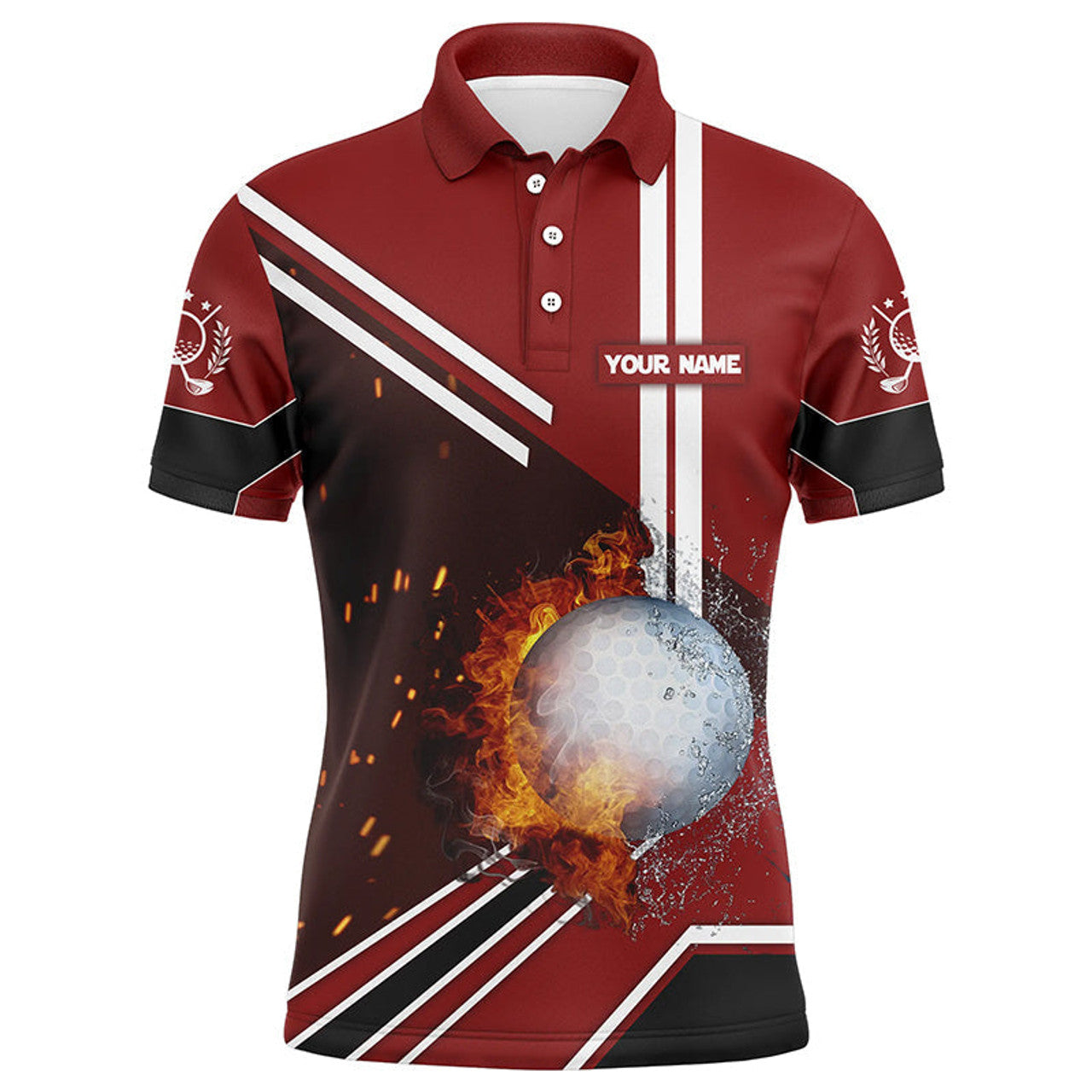 FUNSTUFFPRINT Golf Ball On Fire And Water Red Golf Polo Shirts Personalized Flame Golf Polo Shirt Size S-5XL