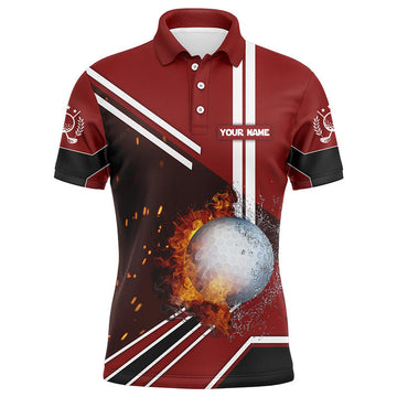 FUNSTUFFPRINT Golf Ball On Fire And Water Red Golf Polo Shirts Personalized Flame Golf Polo Shirt Size S-5XL