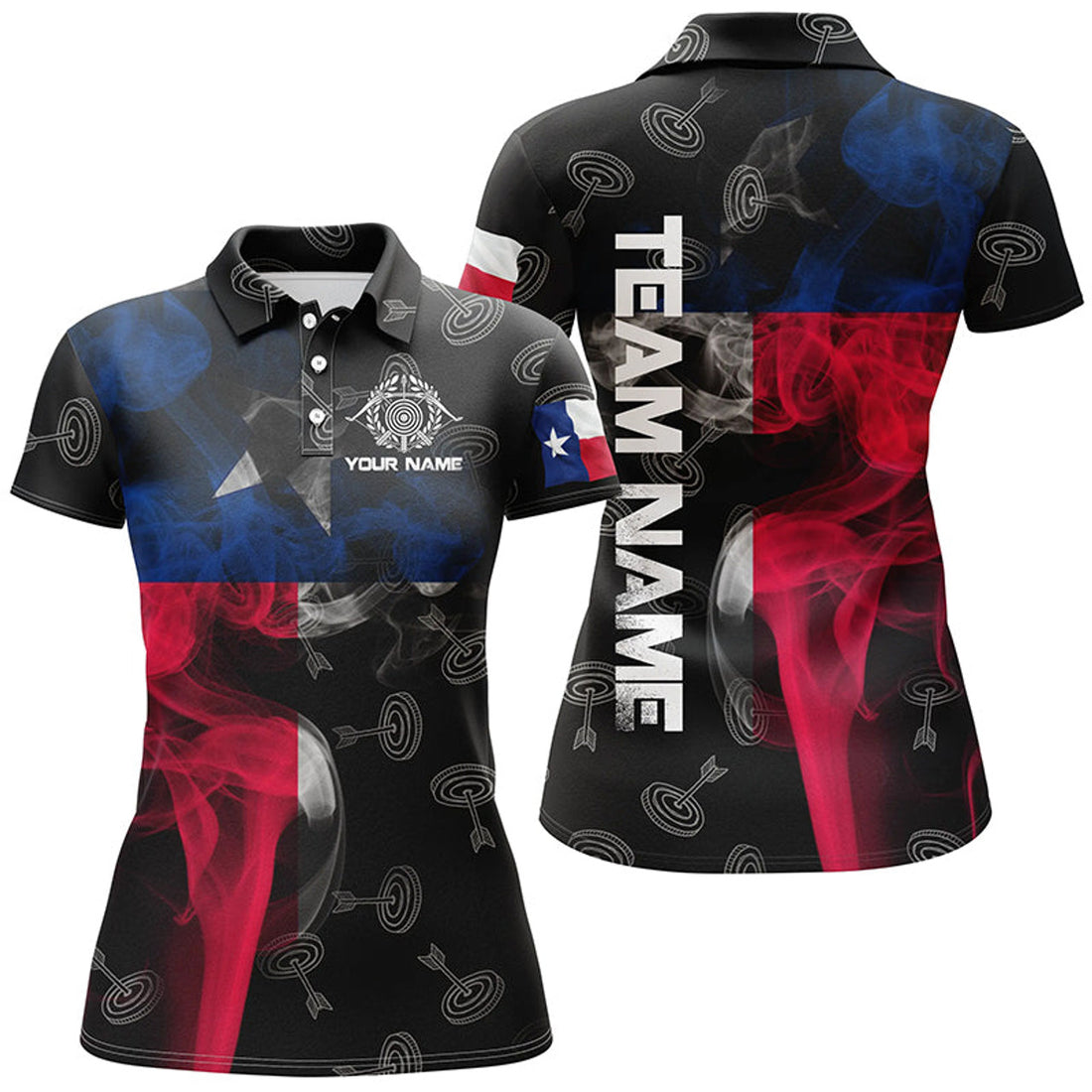 Custom Personalized Vintage Smoke Texas Flag Archery Polo Shirts For Women, Archery Target Pattern Jerseys