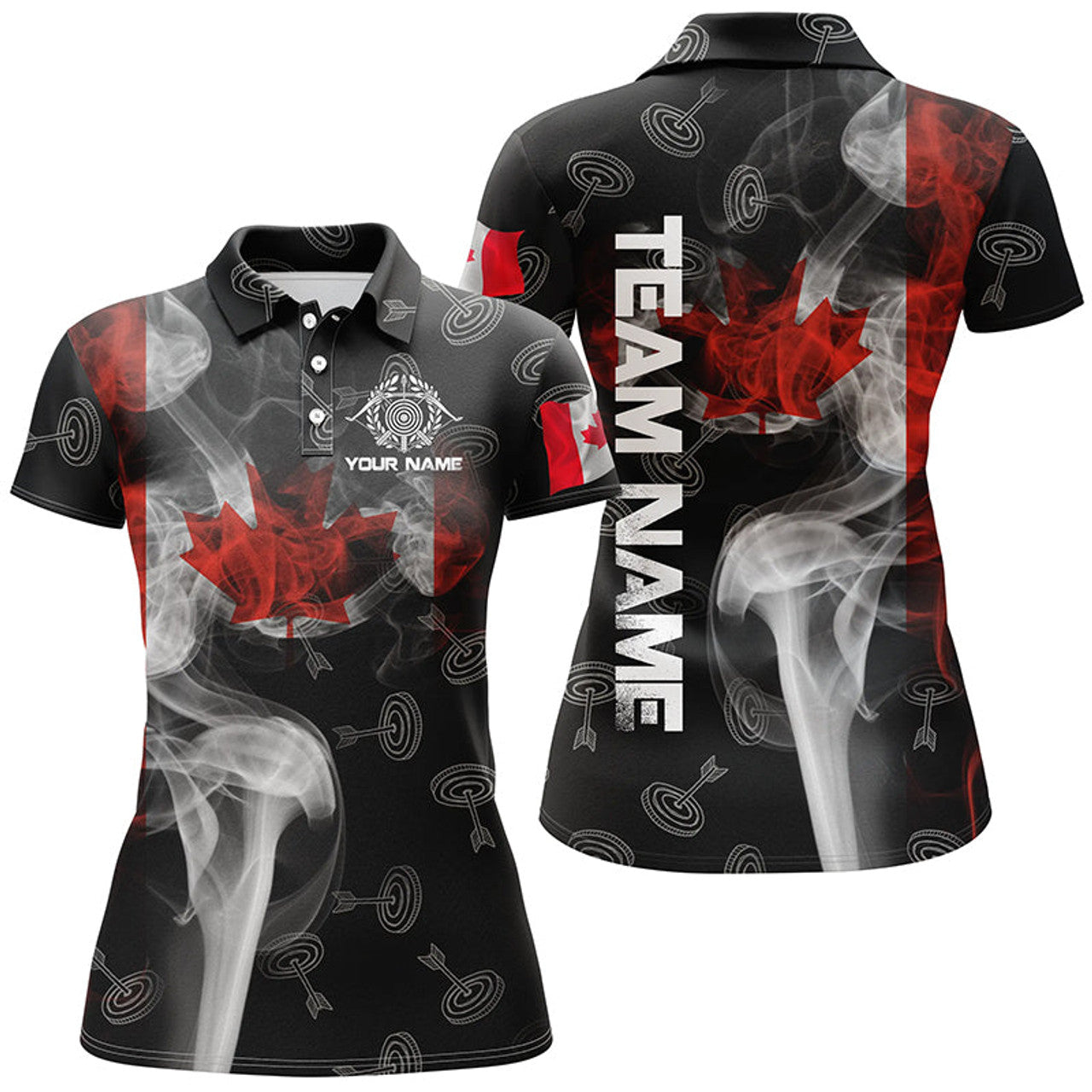 Custom Personalized Vintage Smoke Canadian Flag Archery Polo Shirts For Women, 3D Target Archery Jerseys