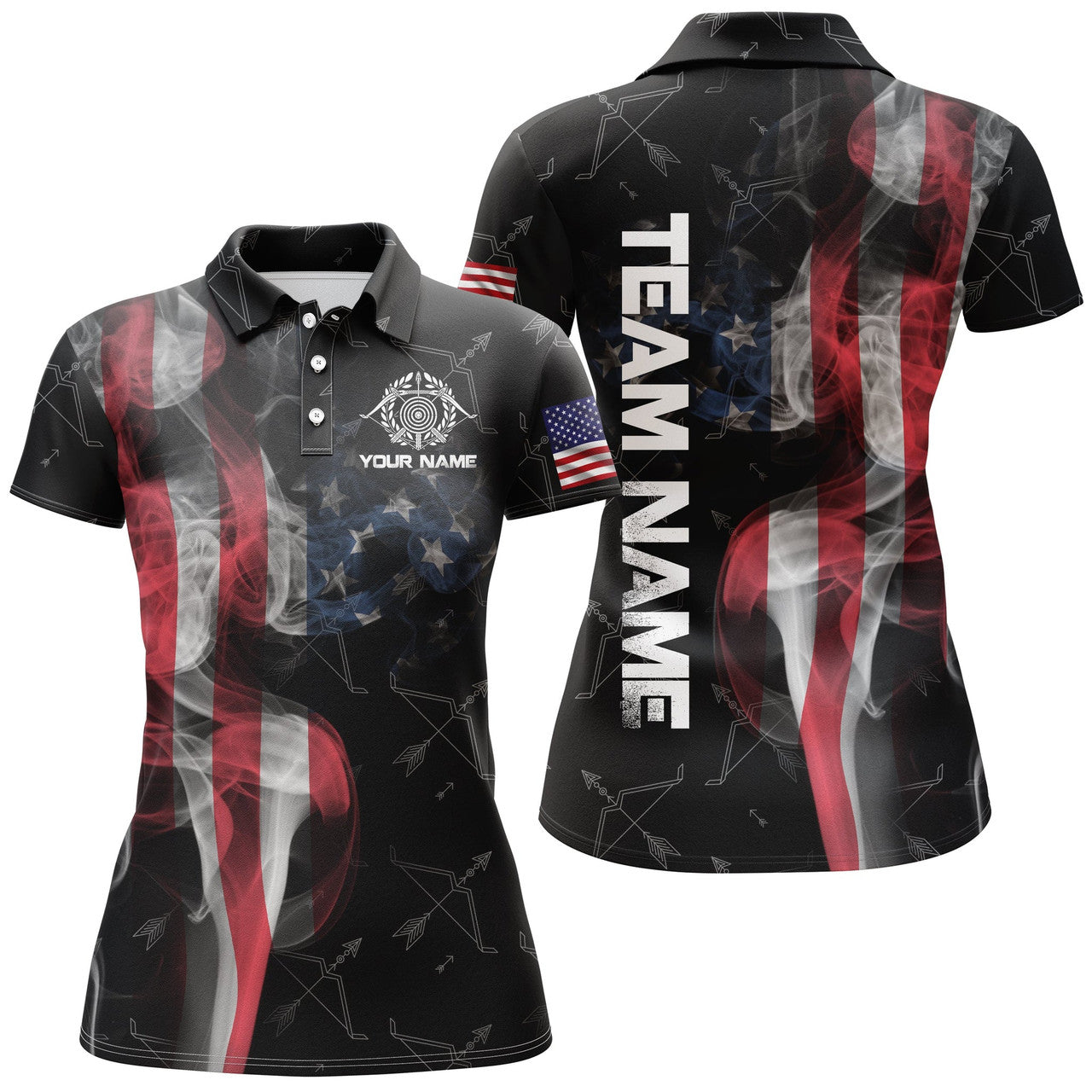 Custom Personalized Vintage Smoke US Flag Archery Polo Shirts For Women, Archery Bows Pattern Jerseys