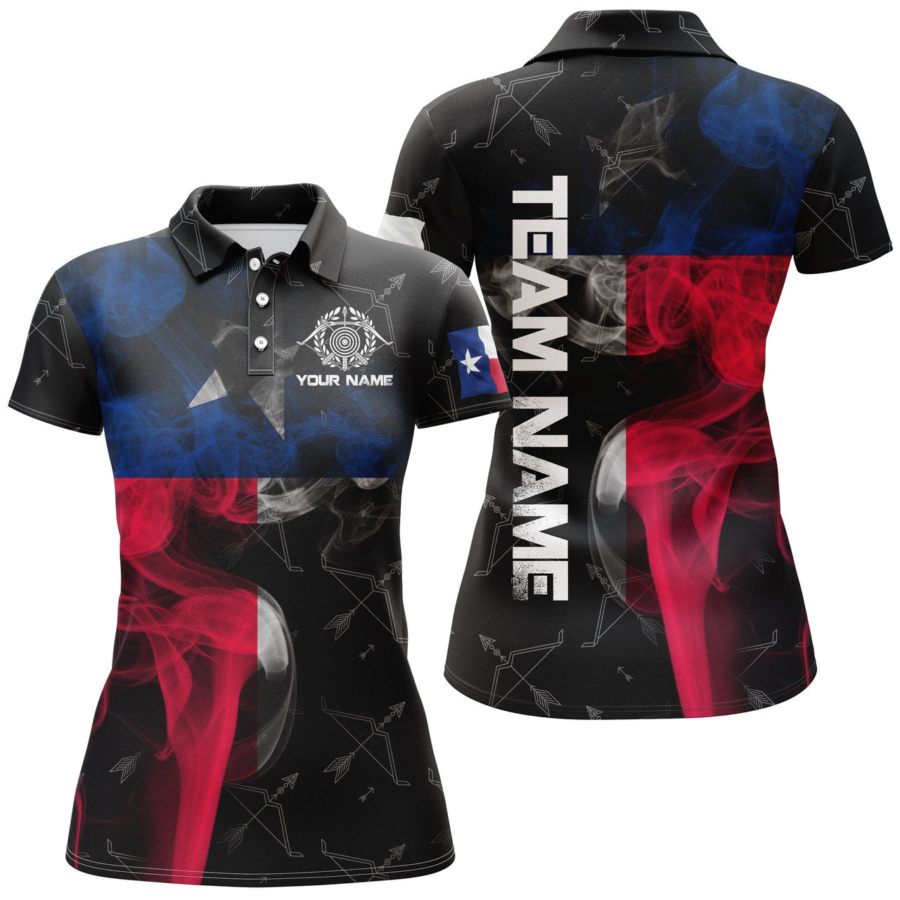 Custom Personalized Vintage Smoke Texas Flag Archery Polo Shirts For Women, Archery Bows Pattern Jerseys