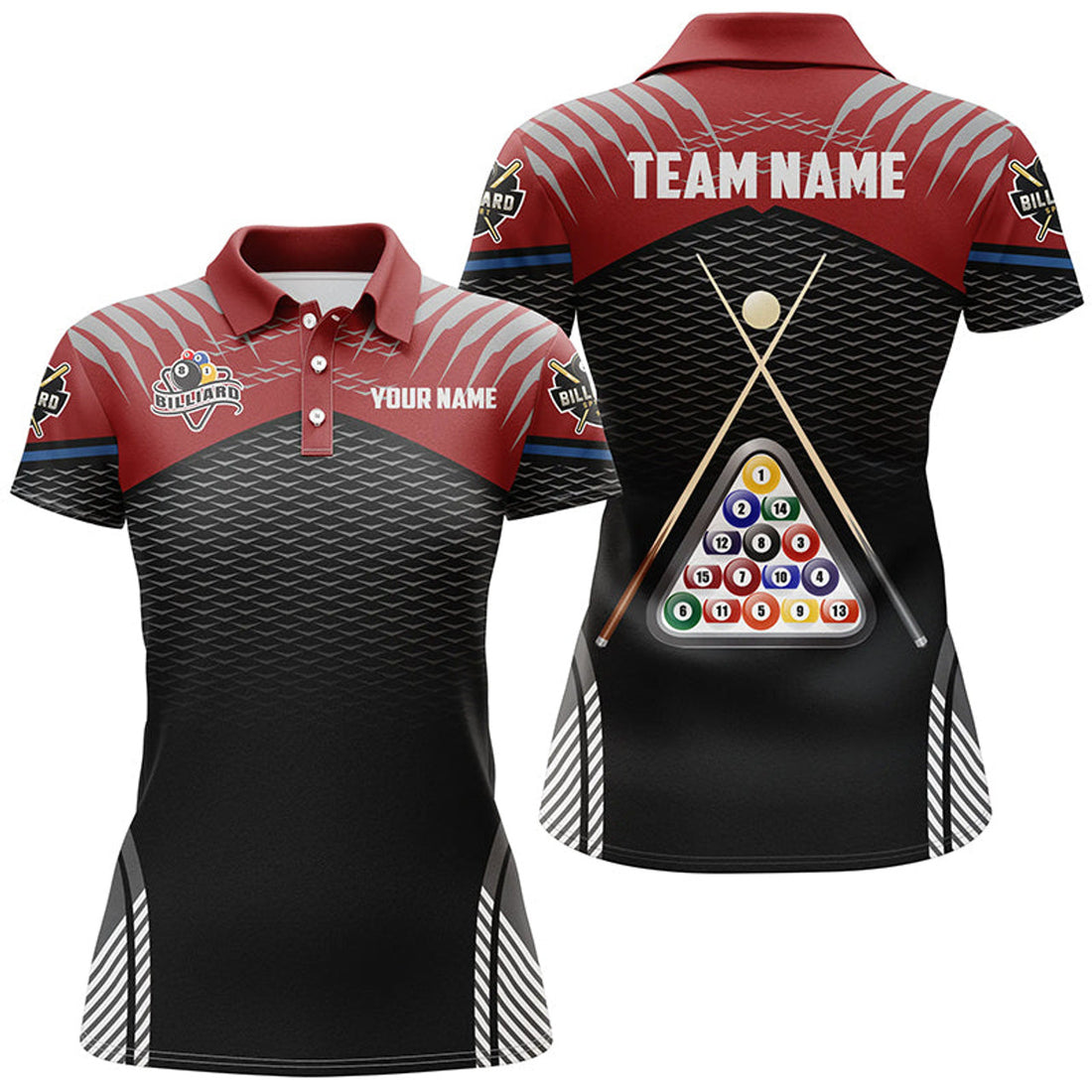 Custom Personalized Sport Red Black 8 Ball Billiard 3D Polo Shirts For Women, Custom Billiard Balls Jerseys
