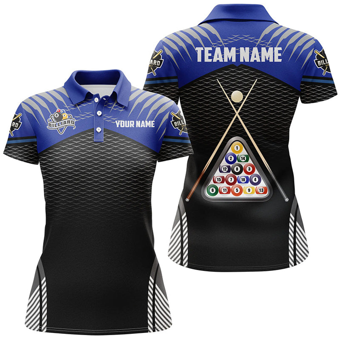 Custom Personalized Sport Blue Black 8 Ball Billiard 3D Polo Shirts For Women, Custom Billiard Balls Jerseys