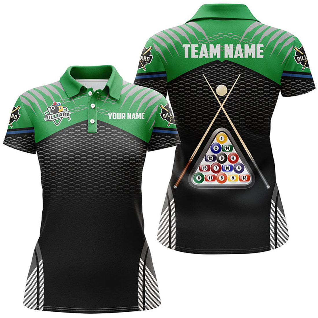 Custom Personalized Sport Green 8 Ball Billiard 3D Polo Shirts For Women, Custom Pool Billiard Balls Jerseys