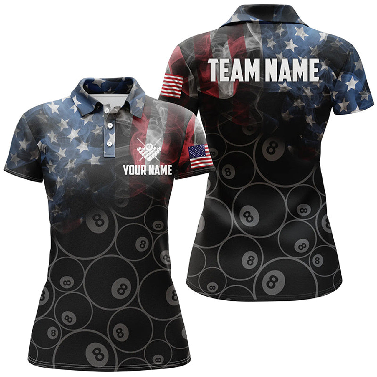 Custom Personalized Vintage Smoke US Flag Billiard Polo Shirts For Women, Custom 8 Ball Pool Team Jerseys