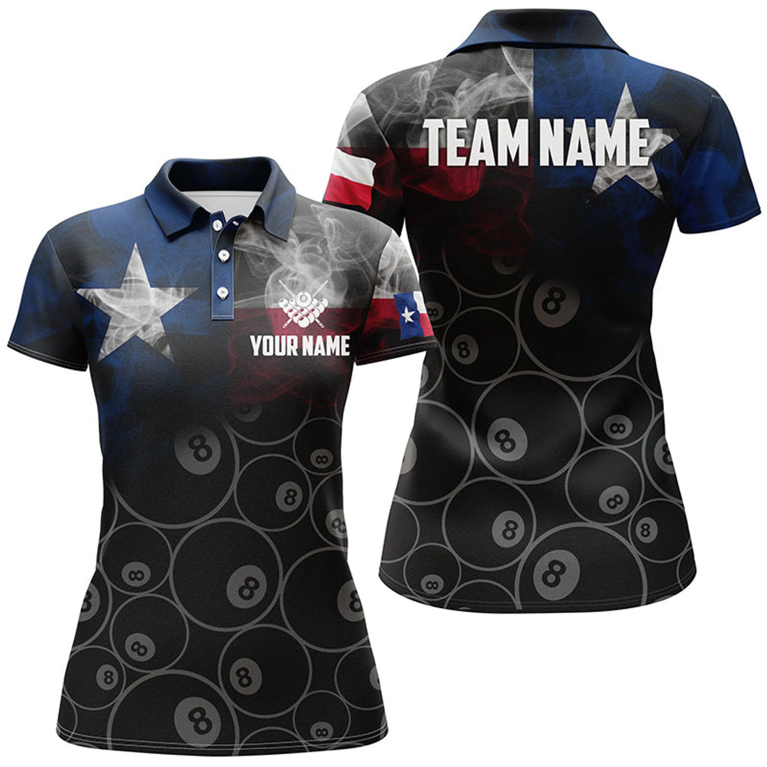 Custom Personalized Vintage Smoke Texas Flag Billiard Polo Shirts For Women, Custom 8 Ball Pool Team Jerseys