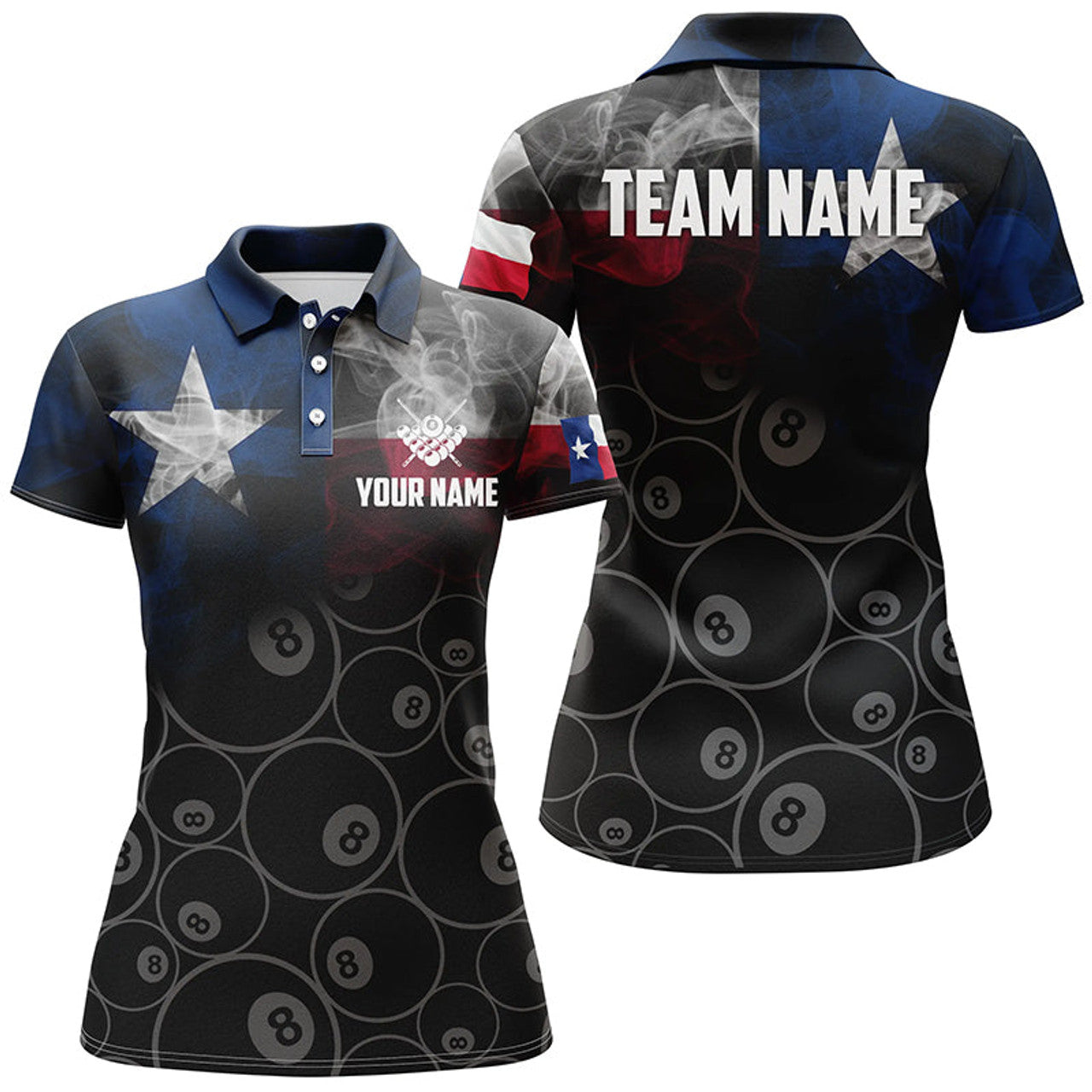 Custom Personalized Vintage Smoke Texas Flag Billiard Polo Shirts For Women, Custom 8 Ball Pool Team Jerseys