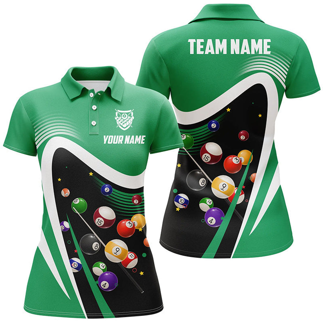 Custom Personalized Green Sport Billiard Balls 3D Polo Shirts For Women, Custom 8 Ball Billiard Team Jerseys