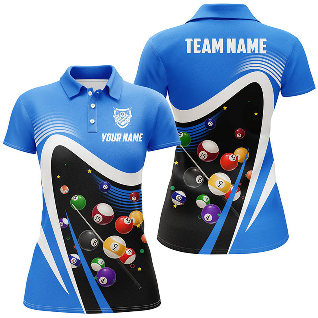 Custom Personalized Blue Sport Billiard Balls 3D Polo Shirts For Women, Custom 8 Ball Billiard Team Jerseys