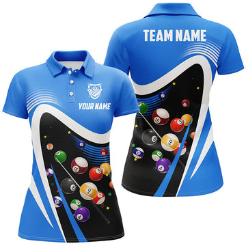 Custom Personalized Blue Sport Billiard Balls 3D Polo Shirts For Women, Custom 8 Ball Billiard Team Jerseys