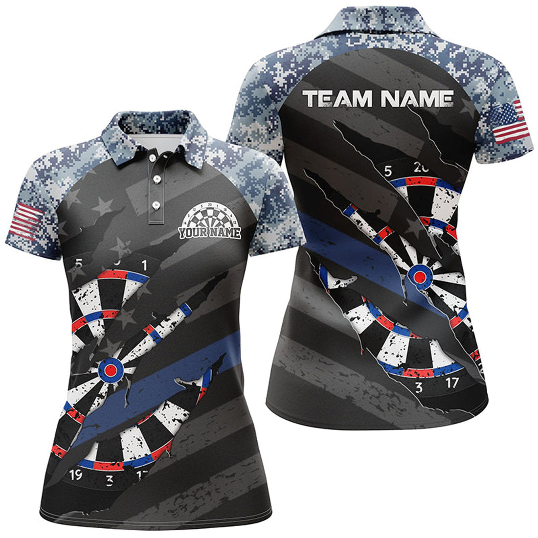 Custom Personalized Retro Camo Blue Dart 3D Polo Shirts For Women, Custom American Flag Womens Dart Jerseys