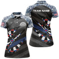 Custom Personalized Retro Camo Blue Dart 3D Polo Shirts For Women, Custom American Flag Womens Dart Jerseys