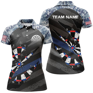 Custom Personalized Retro Camo Blue Dart 3D Polo Shirts For Women, Custom American Flag Womens Dart Jerseys