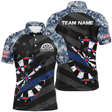 Personalized Retro Camo Blue Dart 3D Polo Shirts For Men, Custom American Flag Mens Dart Jerseys
