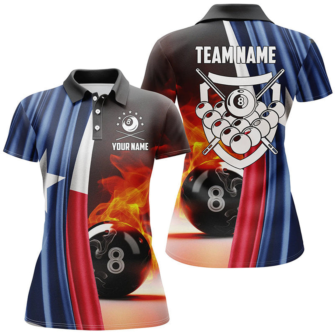 Custom Personalized Fire 8 Ball Pool Billiard 3D Polo Shirts For Women, Custom Texas Flag Billiards Jerseys