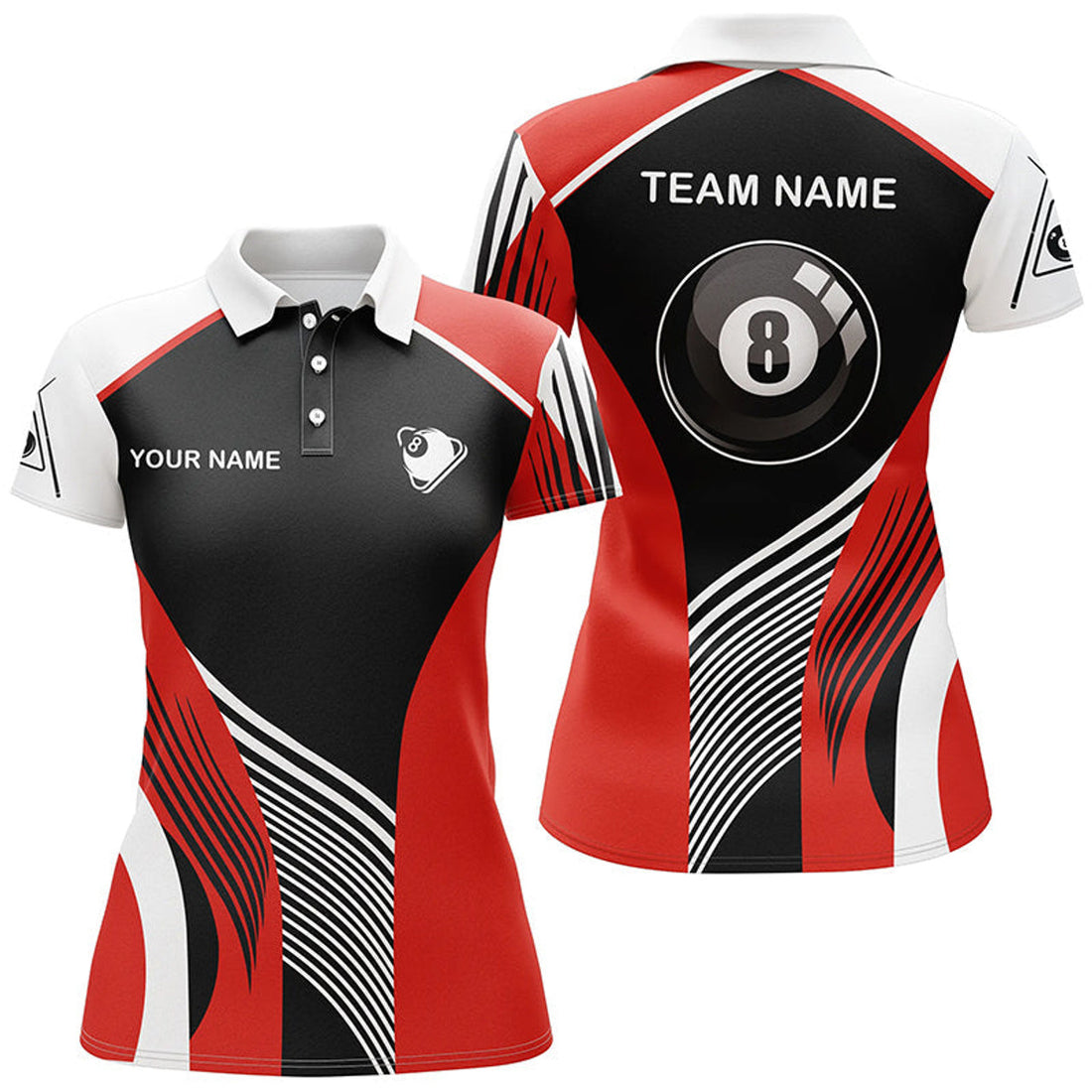 Custom Personalized Red 8 Ball Pool Billiards Polo Shirts For Women, Custom 8 Ball Billiard Team Shirts