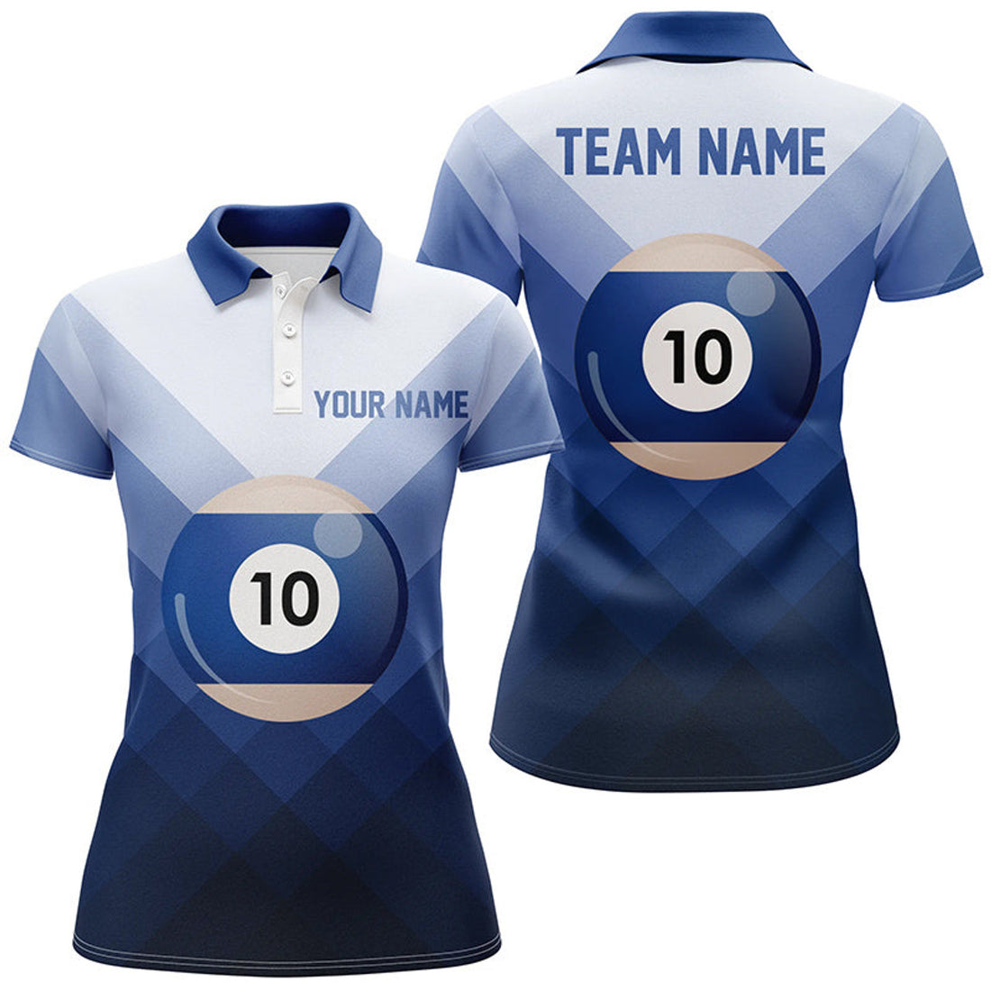 Custom Personalized Blue 10 Ball Billiard 3D Polo Shirts For Women, Custom 10 Ball Pool Billiards Jerseys