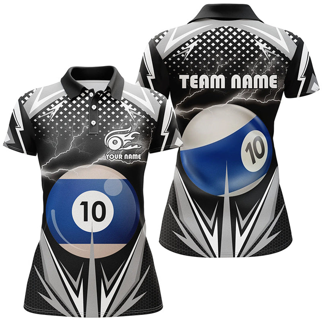 Custom Personalized Thunder Black 10 Ball Billiard 3D Polo Shirts For Women, 10 Ball Billiard Team Jerseys
