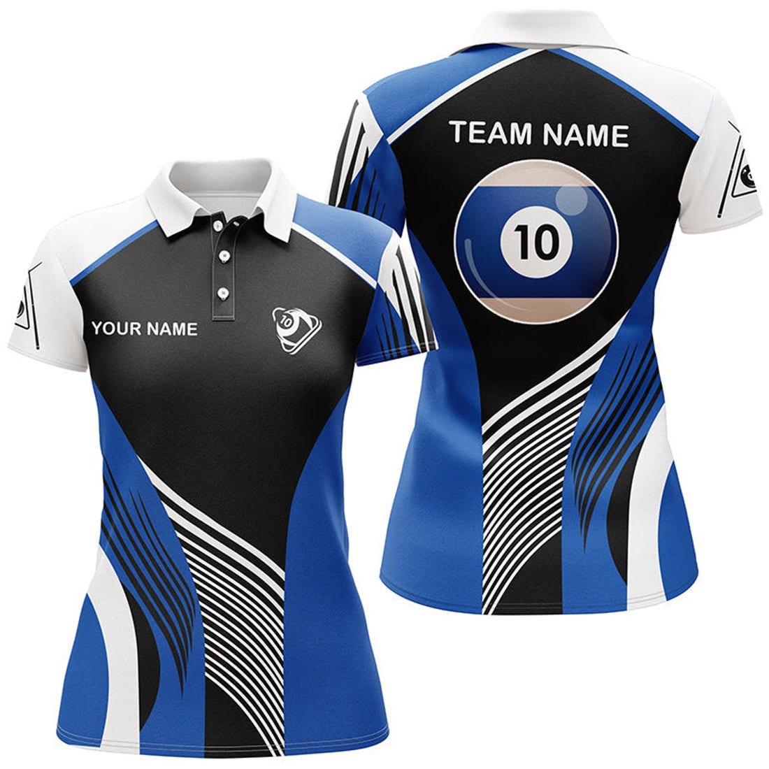 Custom Personalized Blue 10 Ball Billiard 3D Polo Shirts For Women, Custom 10 Ball Billiards Team Jerseys