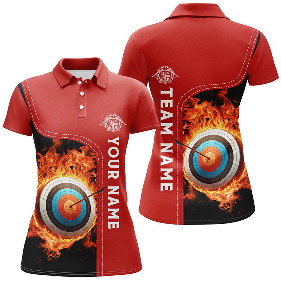 Custom Personalized Black Red Flaming Target Archery 3D Polo Shirts For Women, Custom Archery Team Jerseys