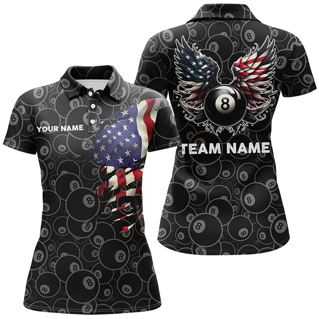 Custom Personalized US Flag 8 Ball Billiard 3D Polo Shirts For Women, Funny Billiard 8 Ball Wings Jerseys