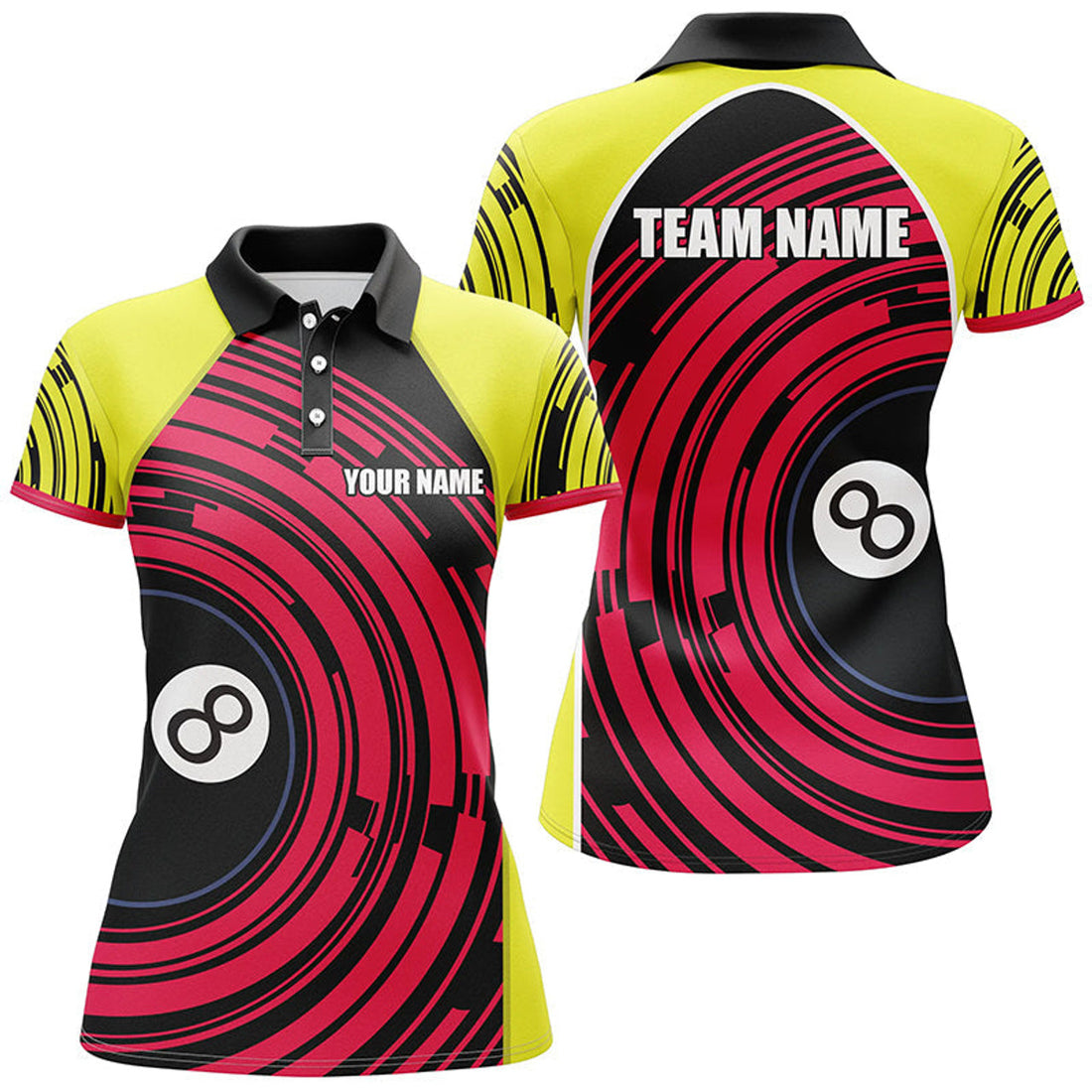 Custom Personalized Yellow Pink 8 Ball Billiard Polo Shirts For Women Custom Womens Billiard Team Shirts