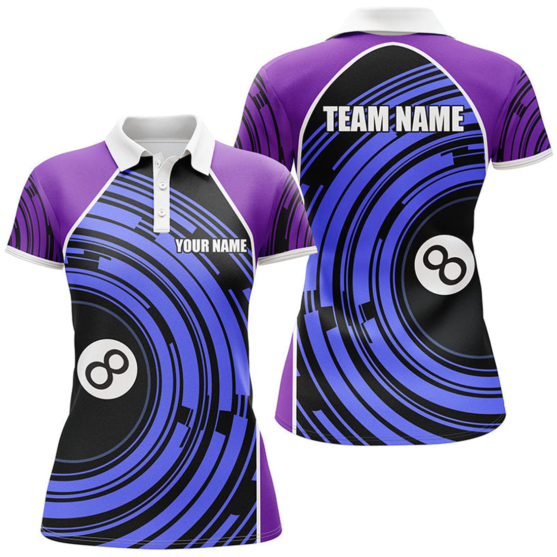 Custom Personalized Purple Blue 8 Ball Billiard Polo Shirts For Women Custom Womens Billiard Team Shirts