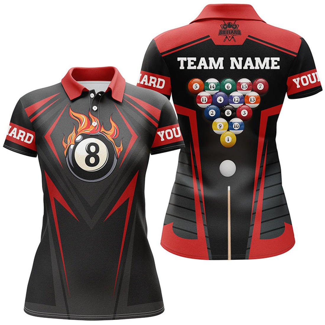 Custom Personalized Style Red Fire 8 Ball Billiard 3D Polo Shirts For Women, Custom Pool Balls Team Jerseys
