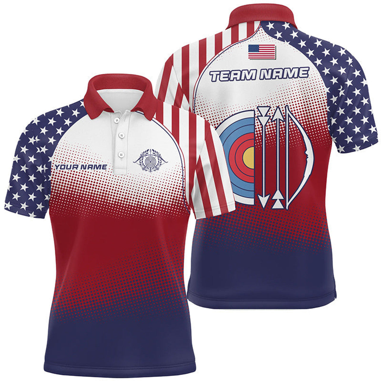 Personalized American Flag Target Archery 3D Polo Shirts For Men, Custom Archery Jerseys Designs