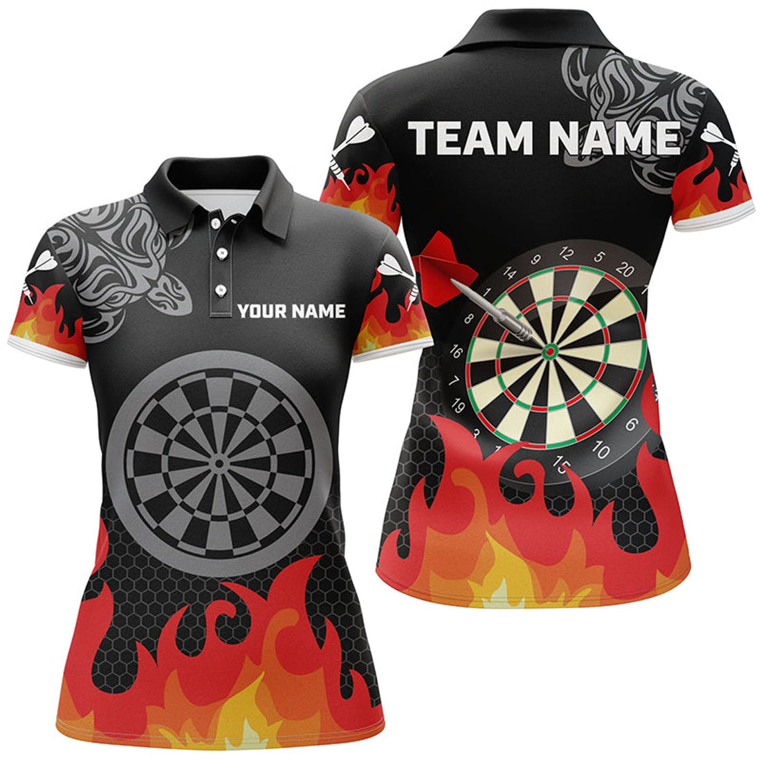 Custom Personalized Flame 3D Dartboard Dart Polo Shirts For Women, Dart Apparel Custom Dart Team Jerseys