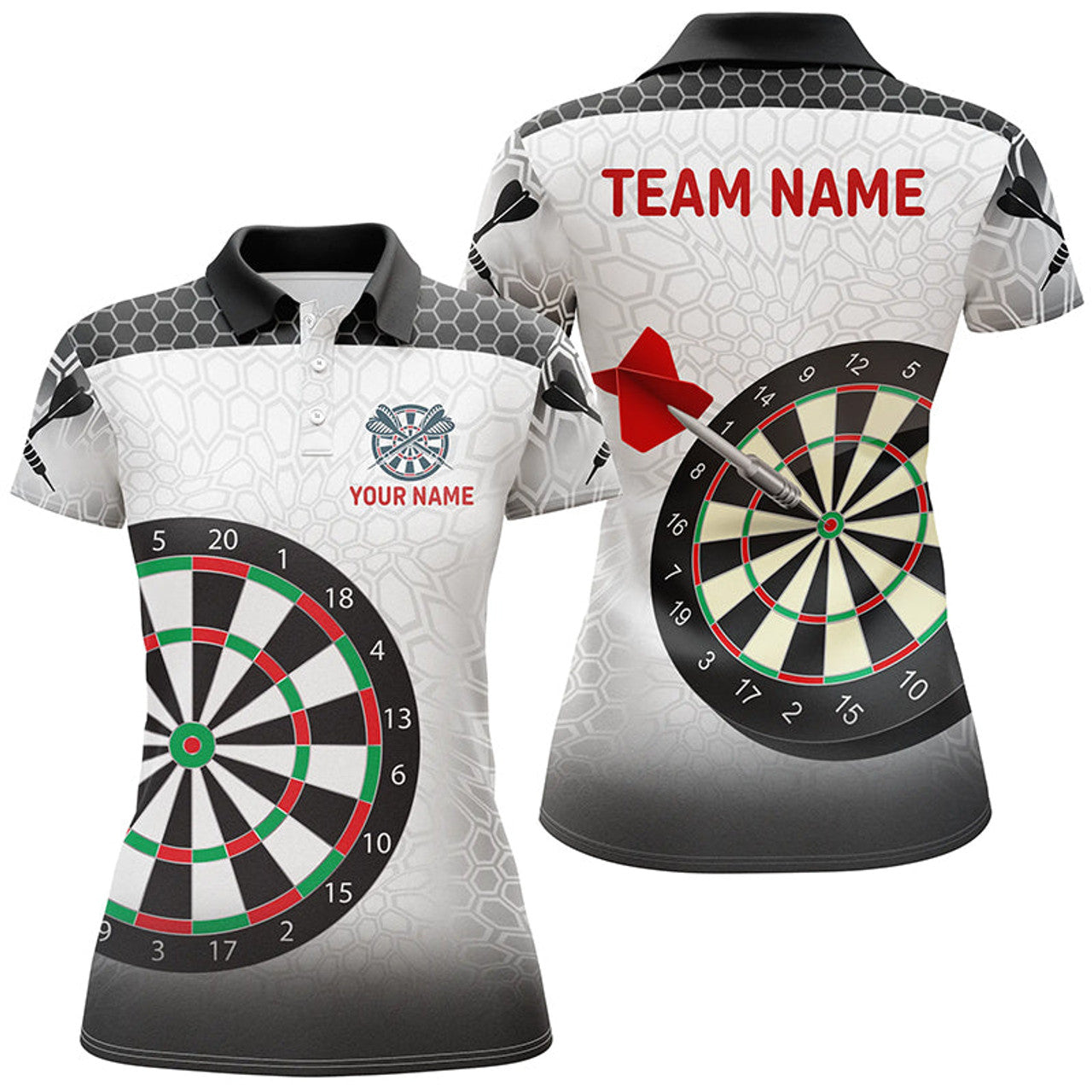 Custom Personalized Dartboard Dart Polo Shirts For Women, Black White Dart Apparel Custom Dart Team Jerseys