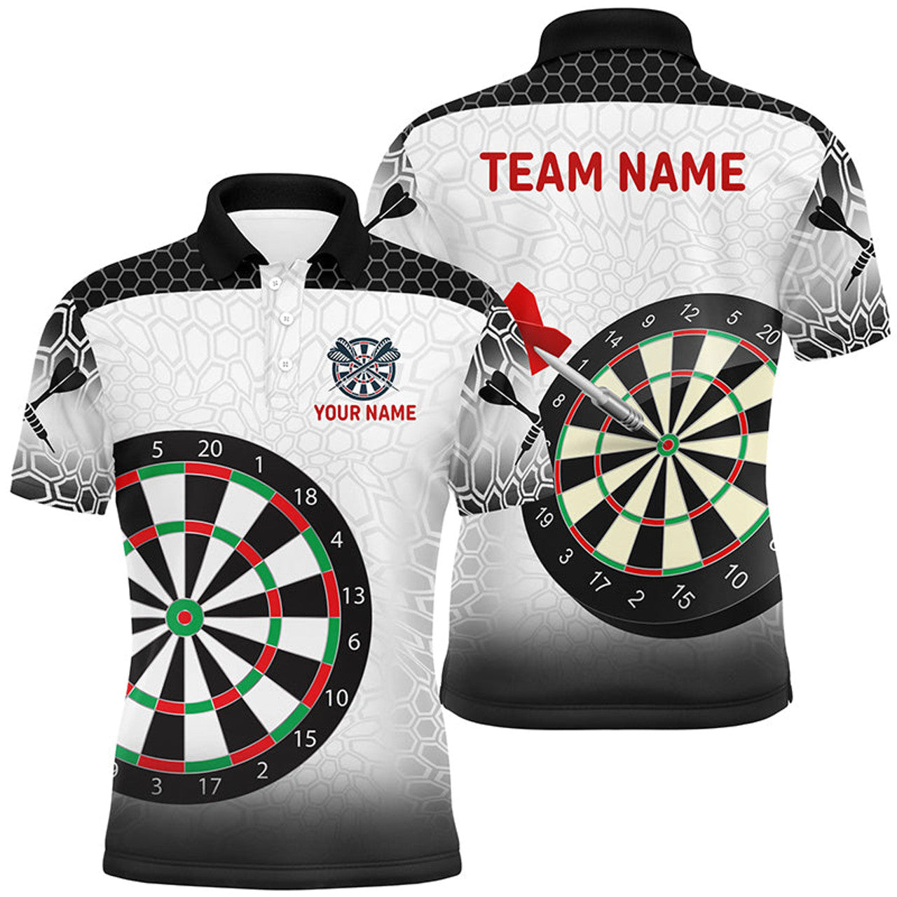 Personalized Dartboard Dart Polo Shirts For Men, Black White Dart Apparel Custom Dart Team Jerseys