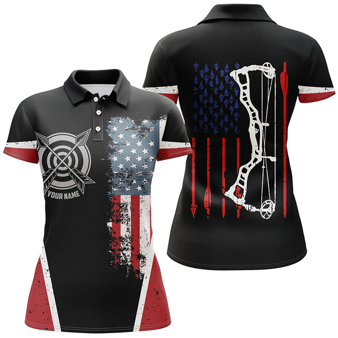 CustomPersonalized Vintage American Flag Target Archery Polo Shirts For Women, Custom US Arrows Flag Shirts