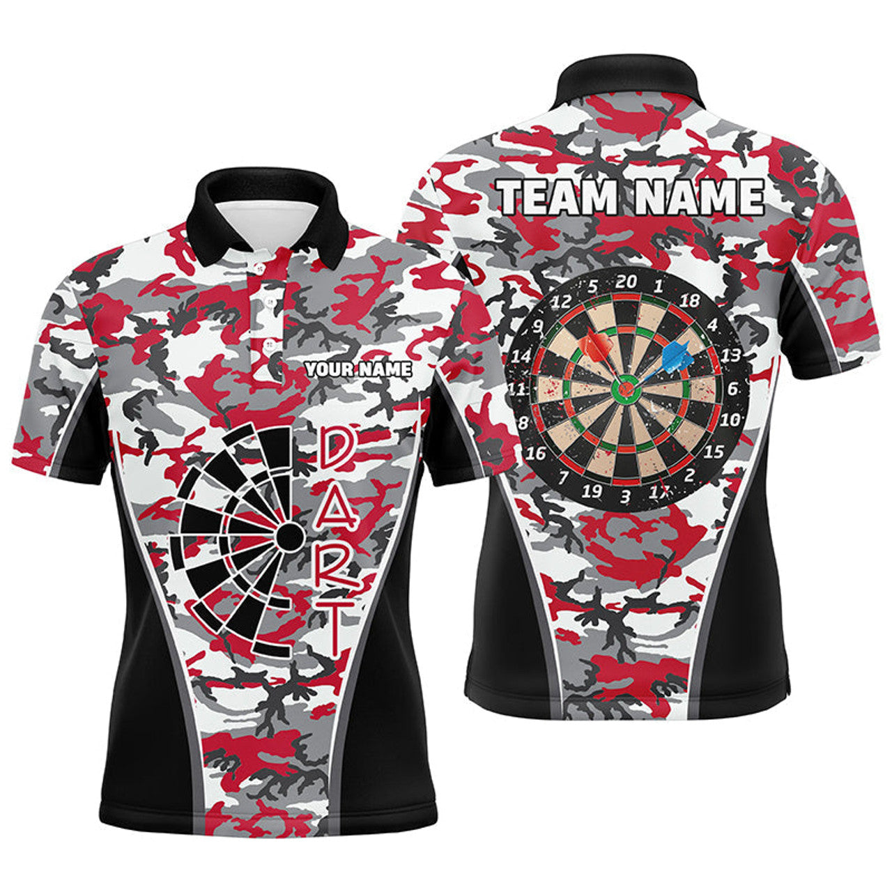 Personalized Red Camo Dart Polo Shirts For Men Custom Dart Jerseys Mens Dart Team Shirts