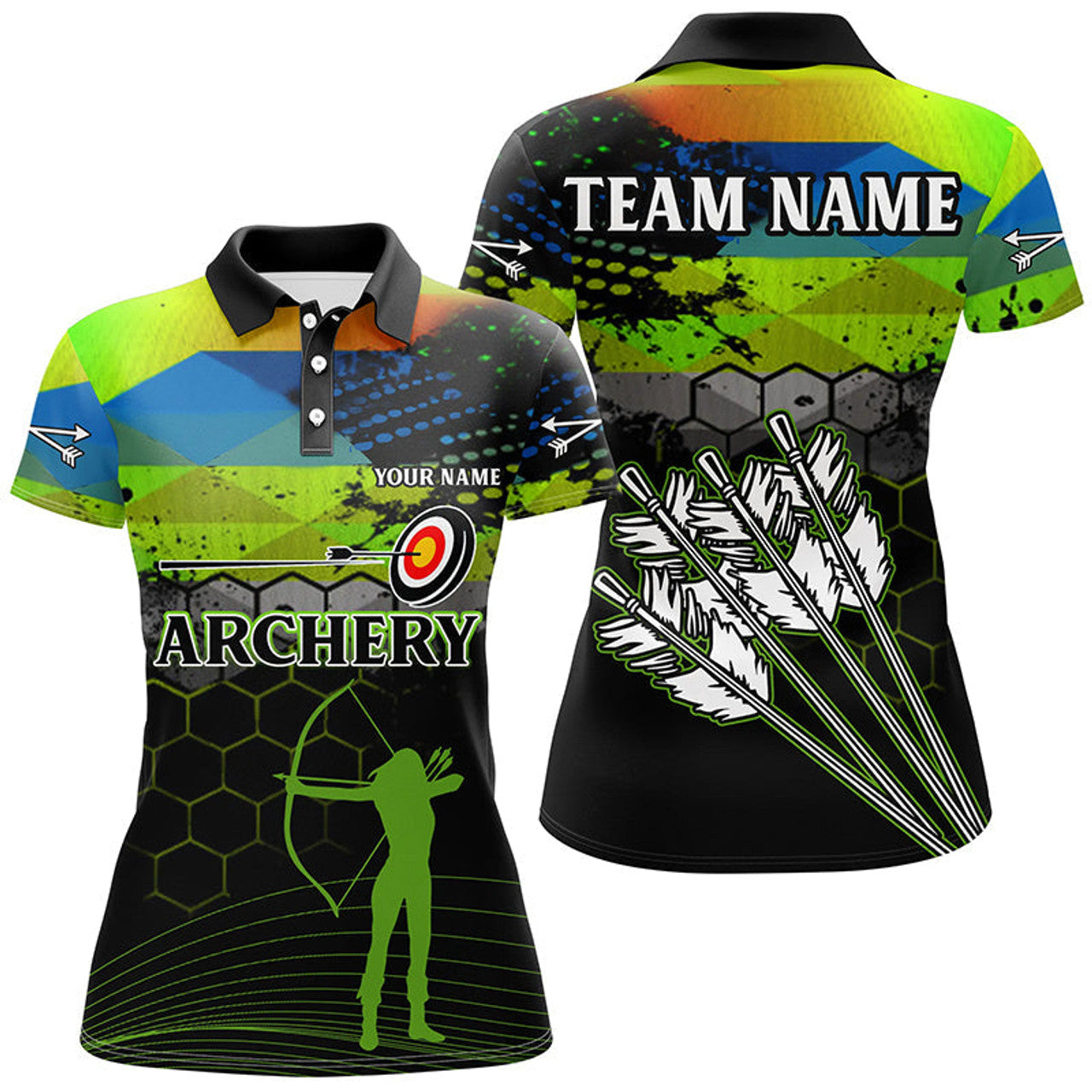Custom Personalized Green Colors 3D Arrows Archery Polo Shirts For Women, Custom Silhouette Archer Shirts