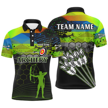 Personalized Green Colors 3D Arrows Archery Polo Shirts For Men, Custom Silhouette Archer Shirts