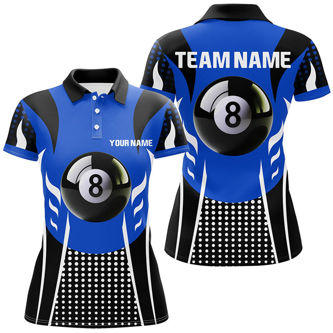 Custom Personalized Blue Black 8 Ball Billiard 3D Polo Shirts For Women, Custom Billiard 8 Ball Pool Jerseys