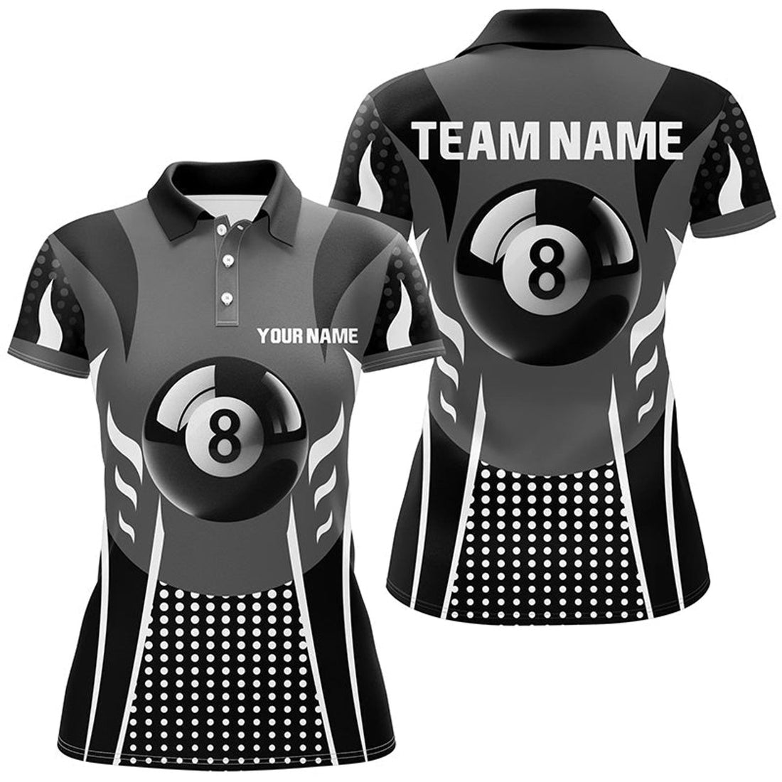 Custom Personalized White Black 8 Ball Billiard 3D Polo Shirts For Women, Sport Billiard 8 Ball Pool Jerseys