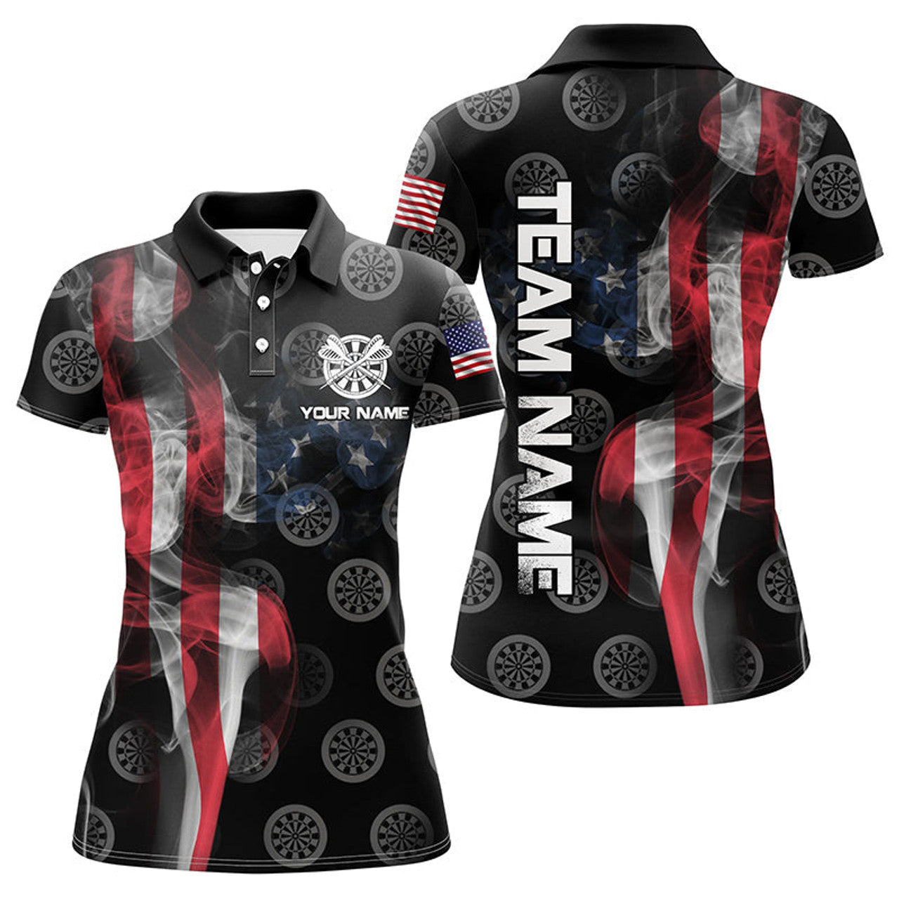 Custom Personalized Smoke US Flag Dart Polo Shirts, Custom Patriotic Darts Shirts For Women Dart Jerseys