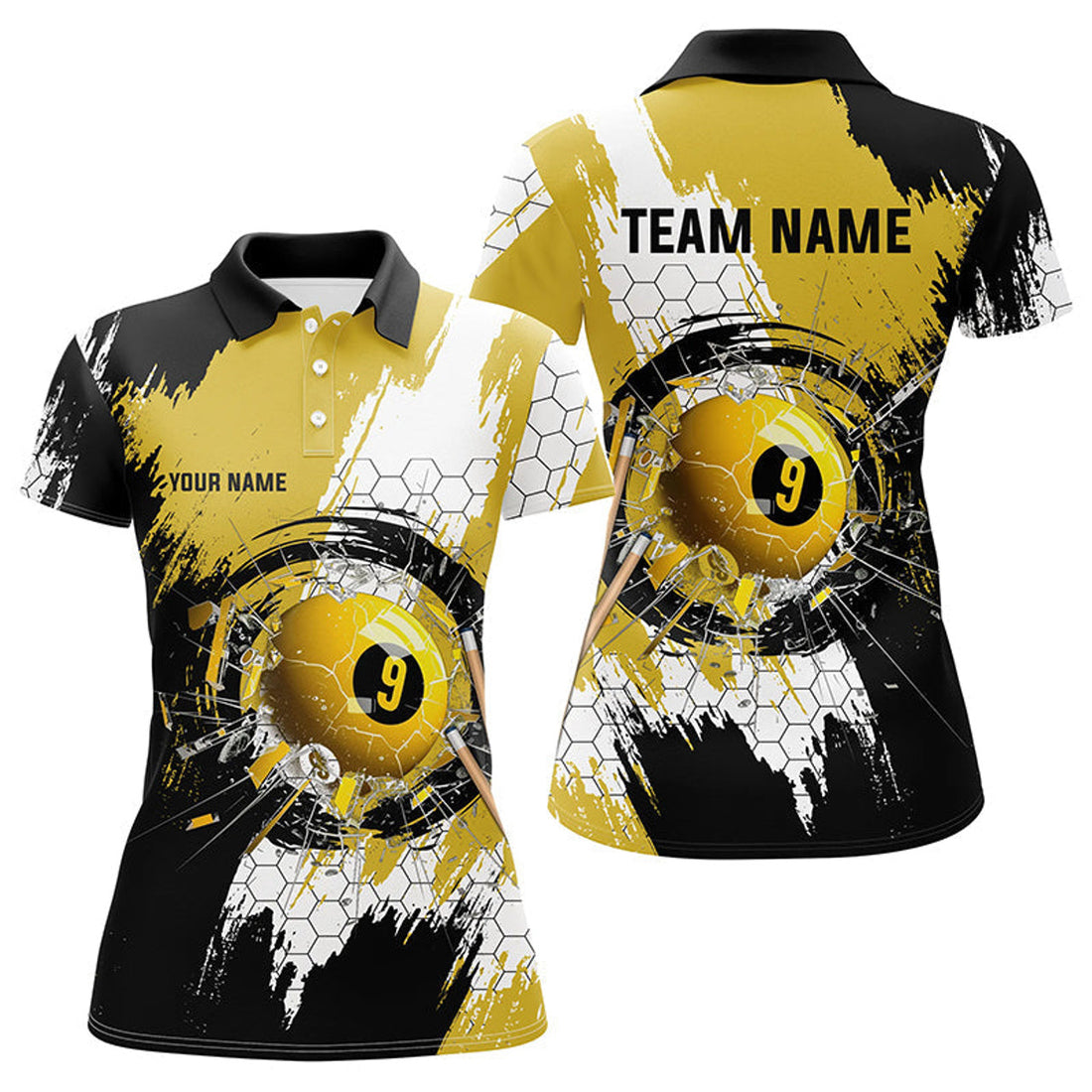 Custom Personalized Black Yellow Glass Break 9 Ball Pool Polo Shirts For Women Custom 9 Ball Pool Jerseys