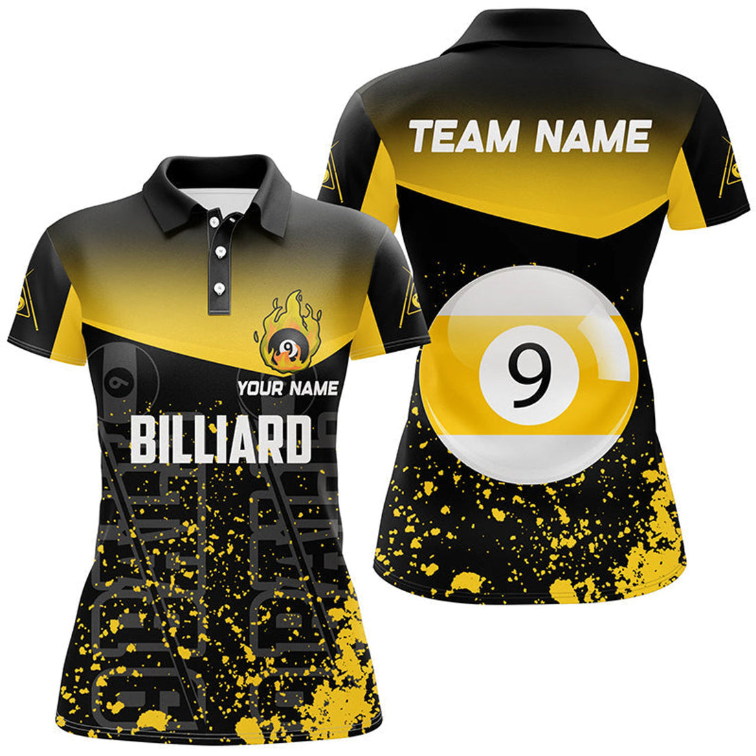 Custom Personalized Yellow Fire 9 Ball Pool Billiard Polo Shirts For Women, 9 Ball Billiard Team Shirts