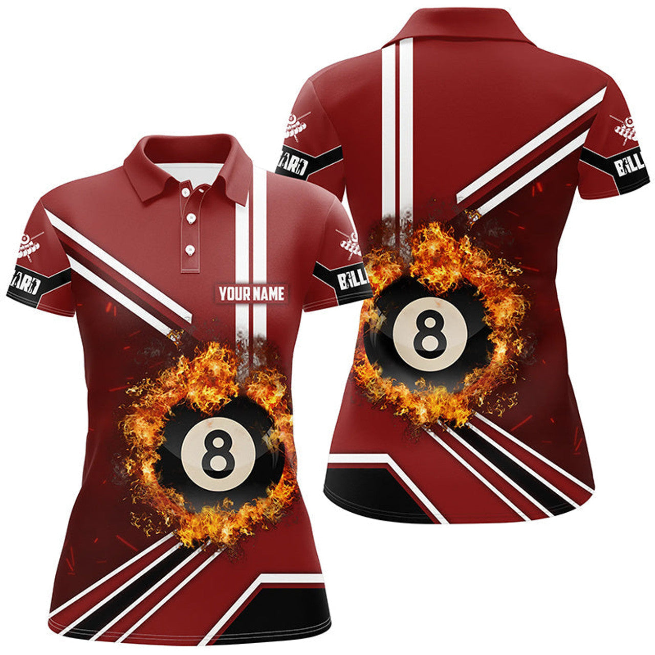 Custom Personalized Red Billiard Pool 8 Ball On Fire 3D Polo Shirts For Women, Custom Pool Billiards Shirts