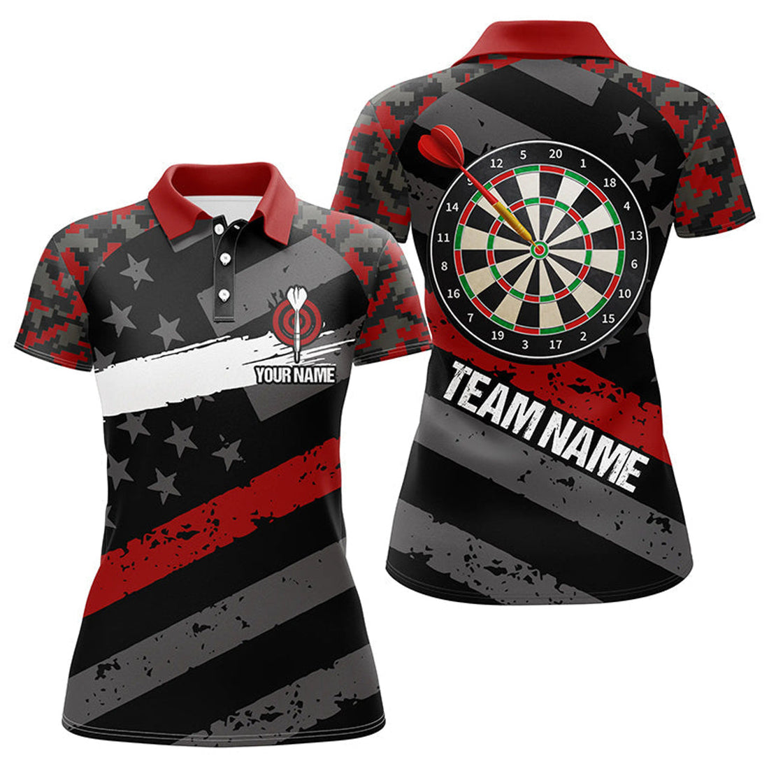 Custom Personalized Red Camo American Flag Darts Polo Shirts Custom Patriotic Dart Jerseys For Women