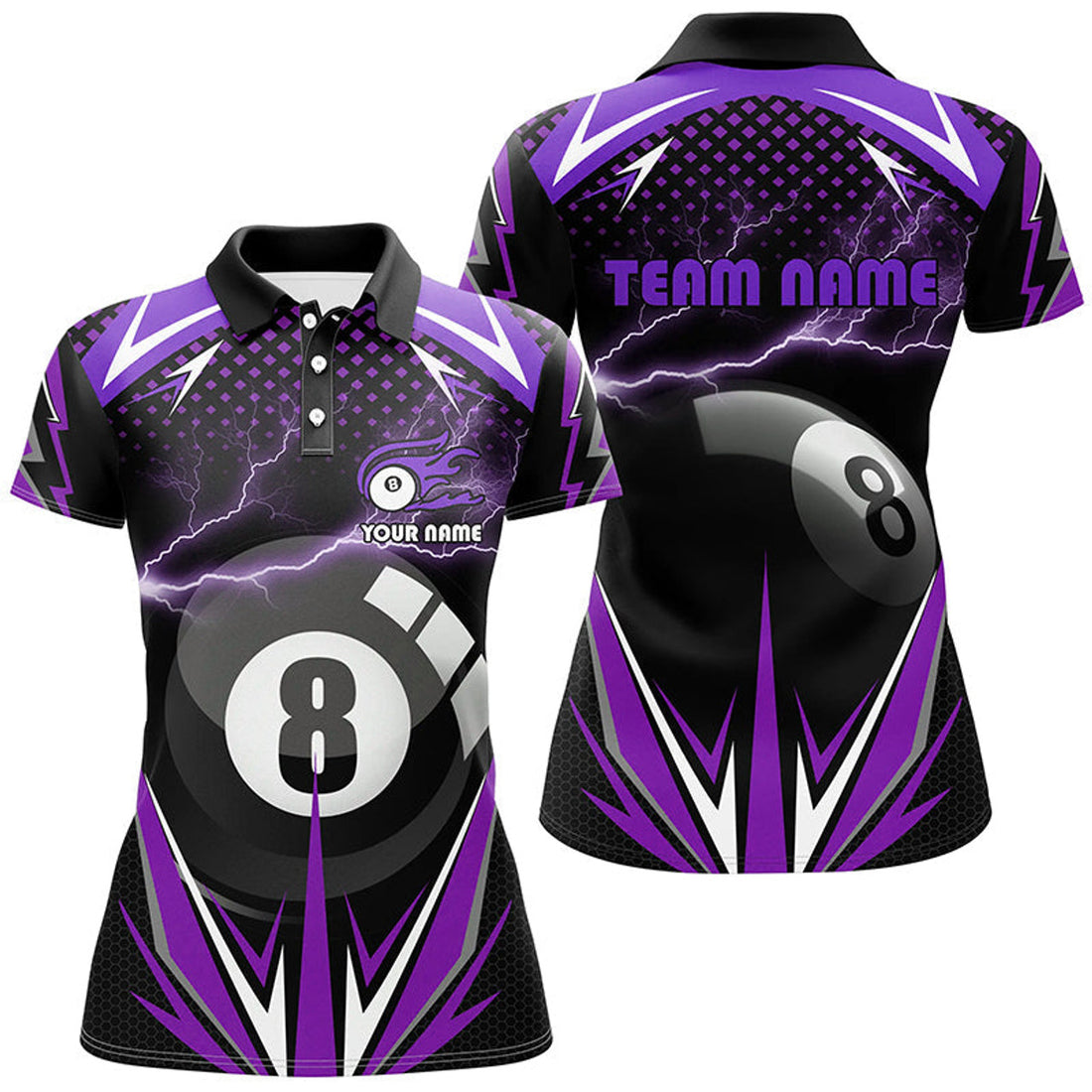 Custom Personalized Billiard 8 Ball Pool Thunder Purple Polo Shirts For Women, Custom Billiards 3D Shirts