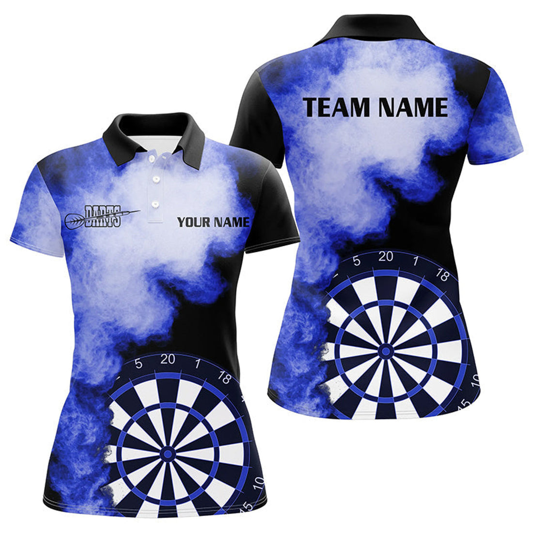 Custom Personalized Blue Flame Womens Darts Polo Shirts Custom Dart Jerseys For Women Dart Team Shirts