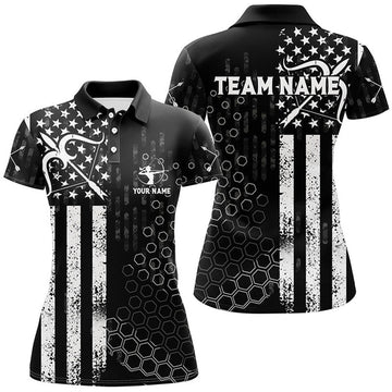 Custom Personalized BW American Flag Archery Polo Shirts For Women, Custom Bows And Arrows Archery Shirts