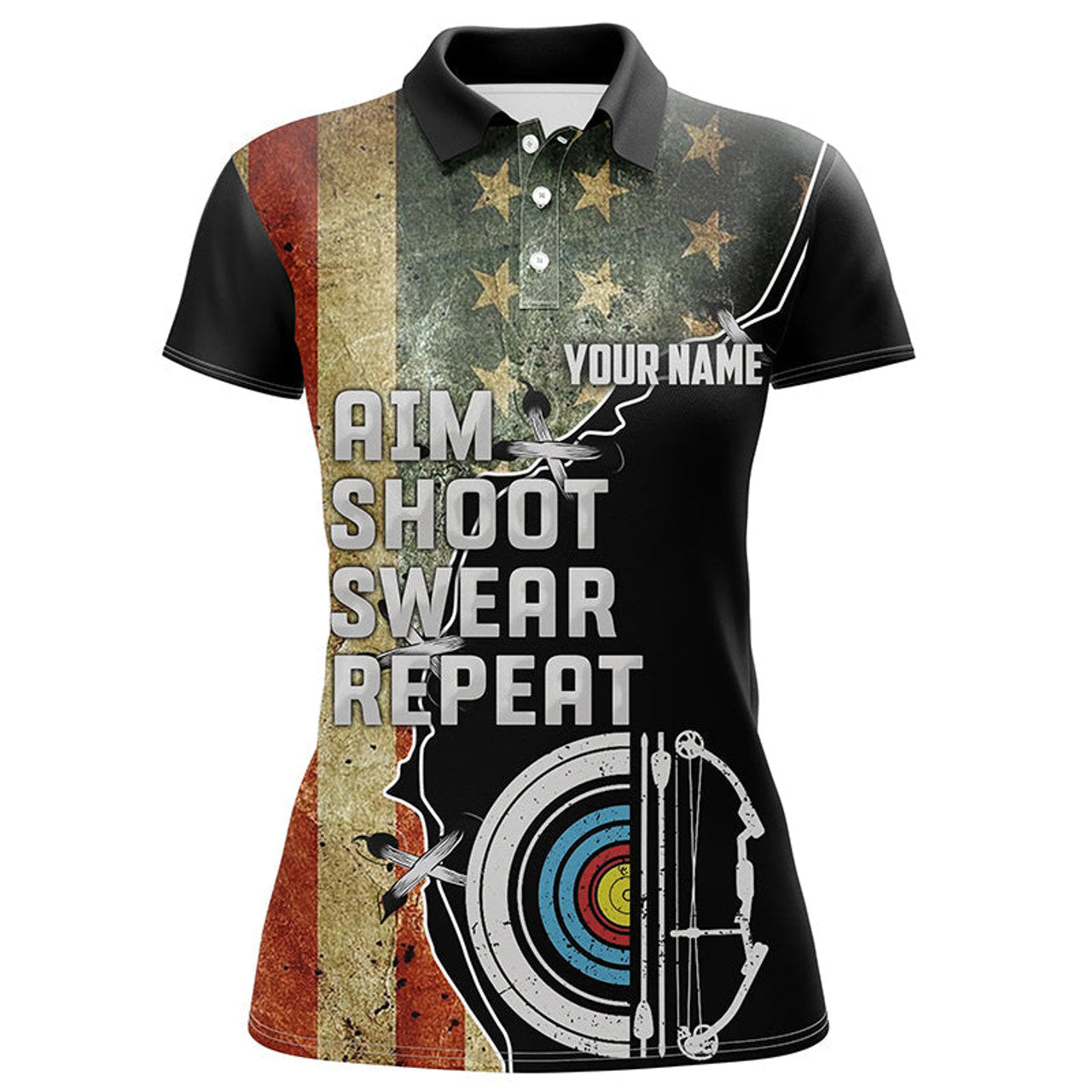 Custom Personalzied Aim Shoot Swear Repeat Archey Polo Shirts For Women, Vintage US Flag Archery Shirts
